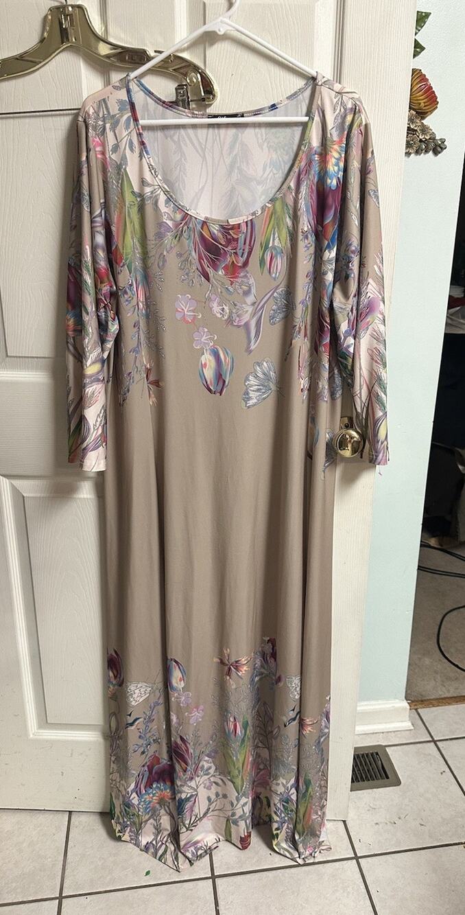 Lily by Firmiana Size 3xl Gray Brass Beach Rose flower Floral Dress Silky